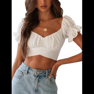 Ruffle Short Sleeve Tie Up Back Crop Top Off Shoulder Bardot Blouse